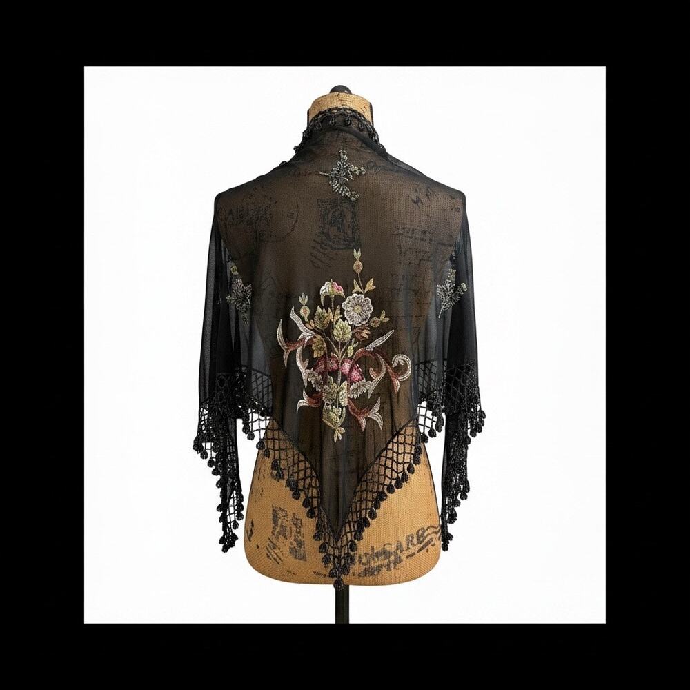 Vintage ATG Embroidered Beaded Fringe Scarf Wrap Shawl Whimsigoth Gypsy Boho‎ - Picture 3 of 16